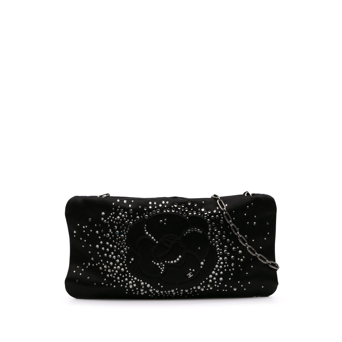 Satin Diamante Camellia Clutch with Chain
