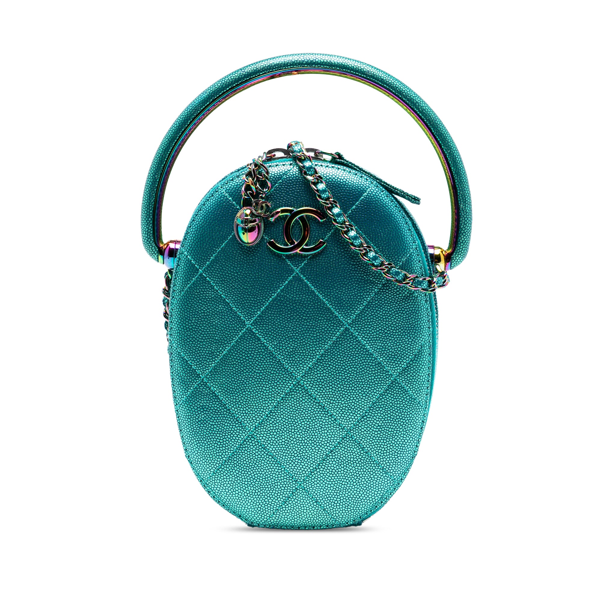 Quilted Metallic Caviar Rainbow Hardware Oval Camera Bag