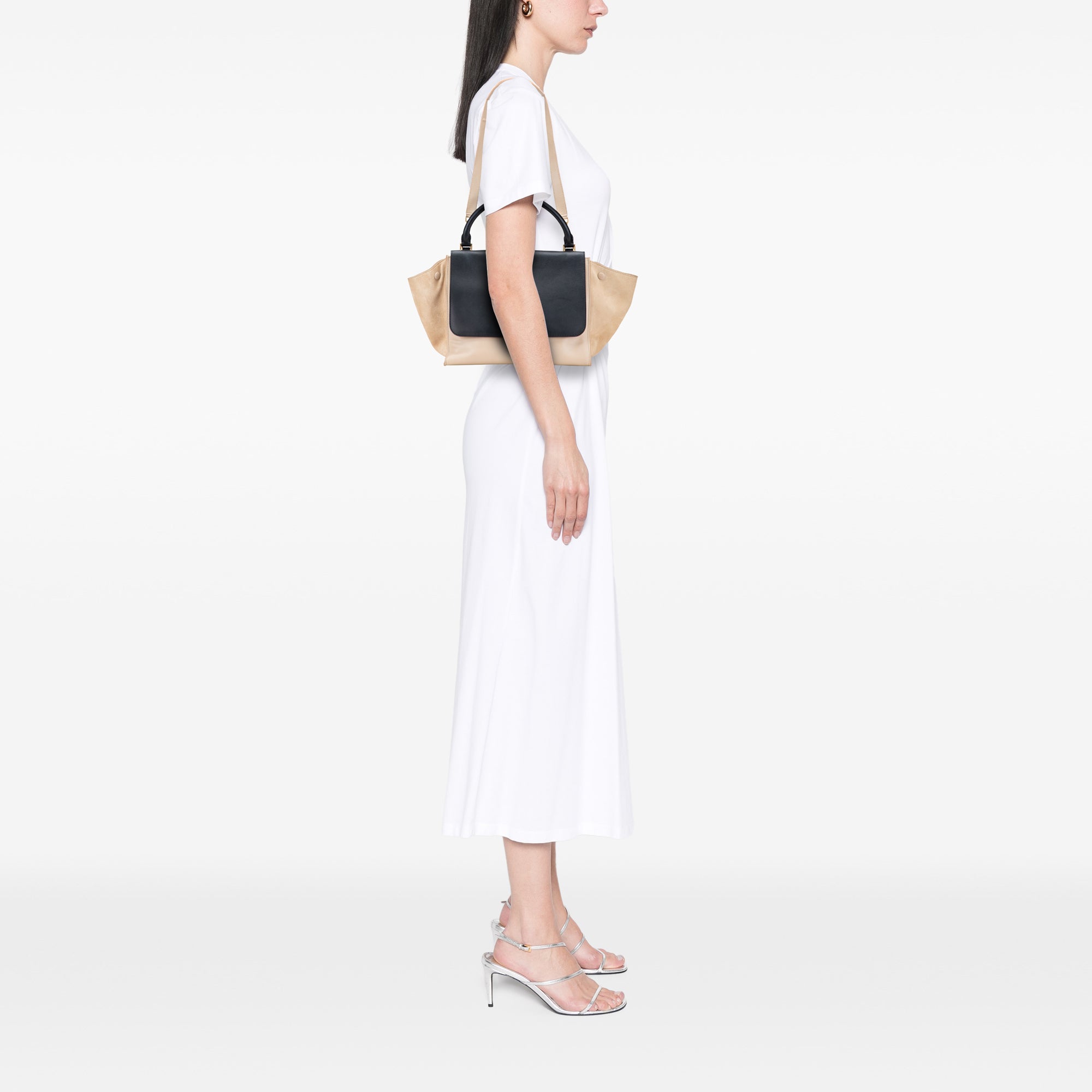 Medium Bicolor Calfskin and Suede Trapeze Satchel