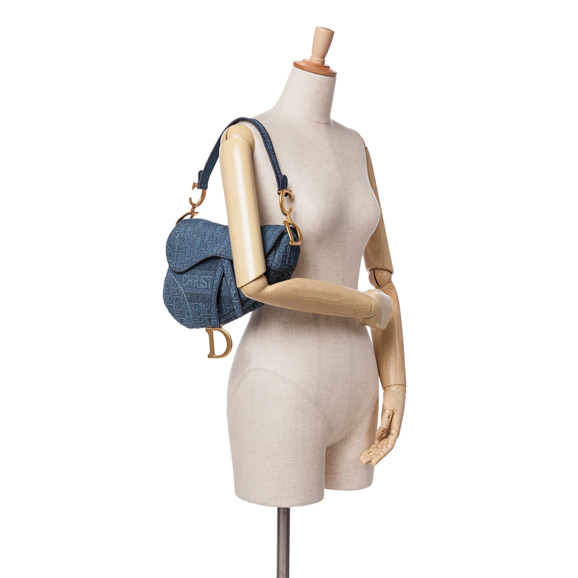 Oblique Embroidered Denim Saddle Bag