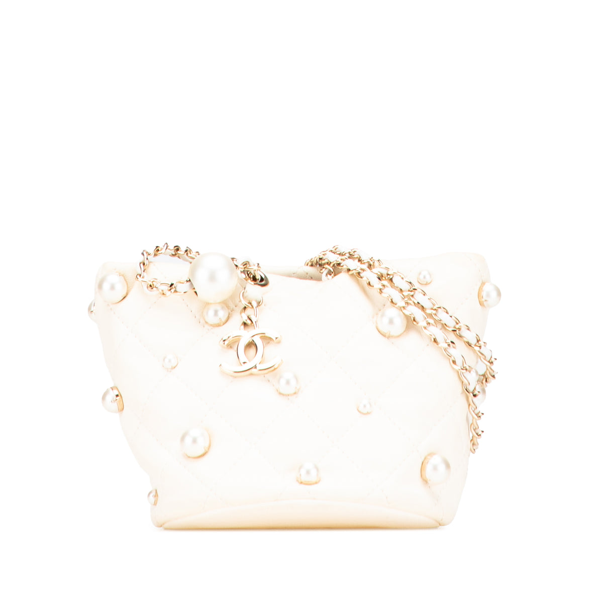 Mini Quilted Lambskin About Pearls Drawstring Bucket Bag