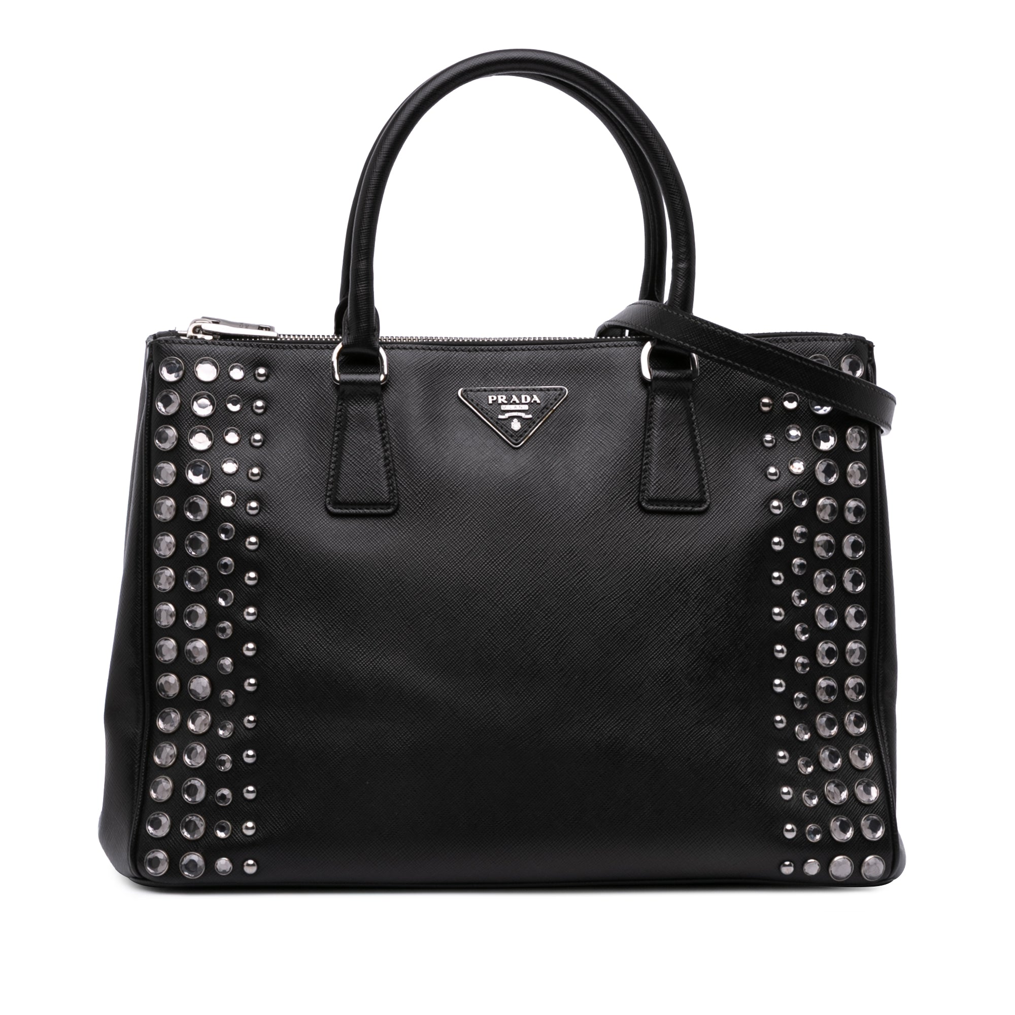 Medium Saffiano Lux Studded Crystal Galleria Double Zip Satchel