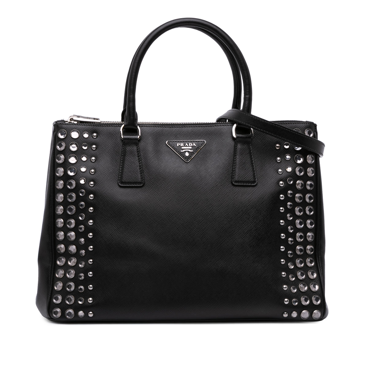 Medium Saffiano Lux Studded Crystal Galleria Double Zip Satchel
