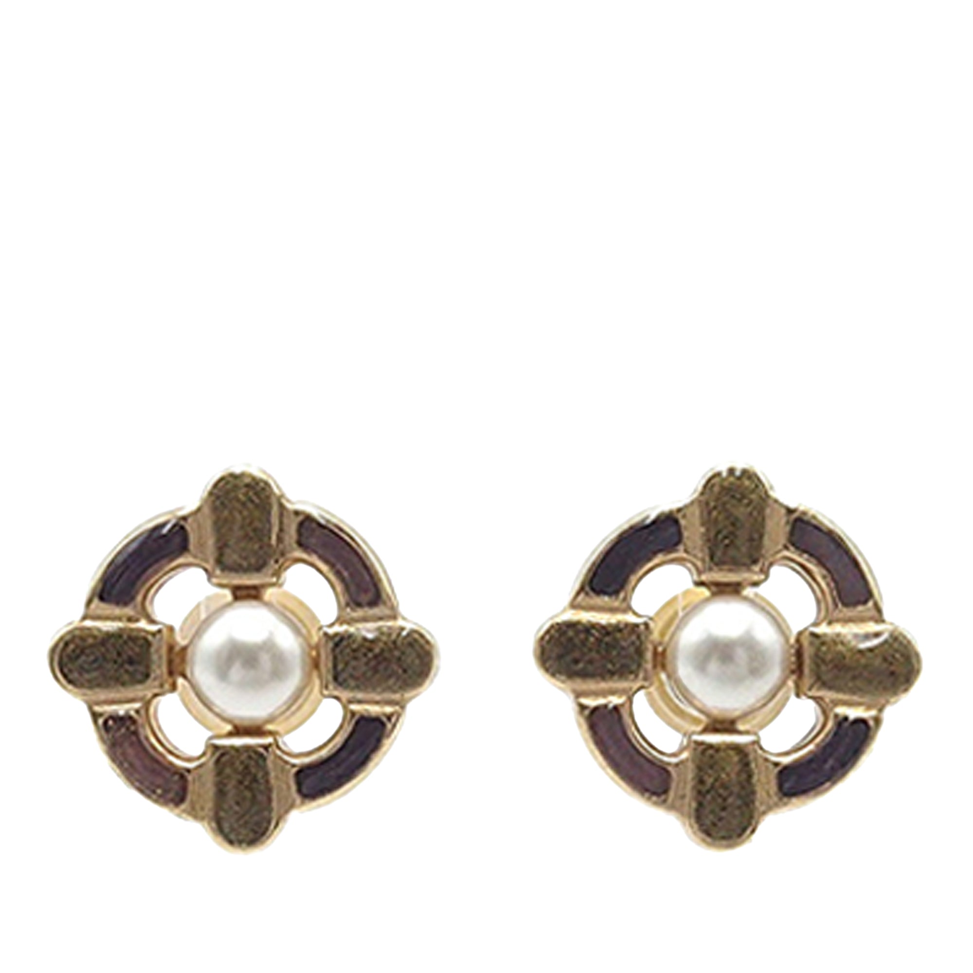 Gold Plated Enamel Maltese Cross and Faux Pearl Push Back Earrings