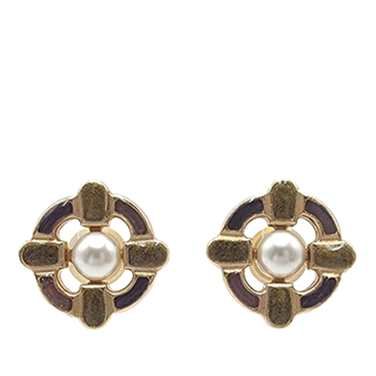 Gold Plated Enamel Maltese Cross and Faux Pearl Push Back Earrings