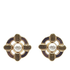 Gold Plated Enamel Maltese Cross and Faux Pearl Push Back Earrings