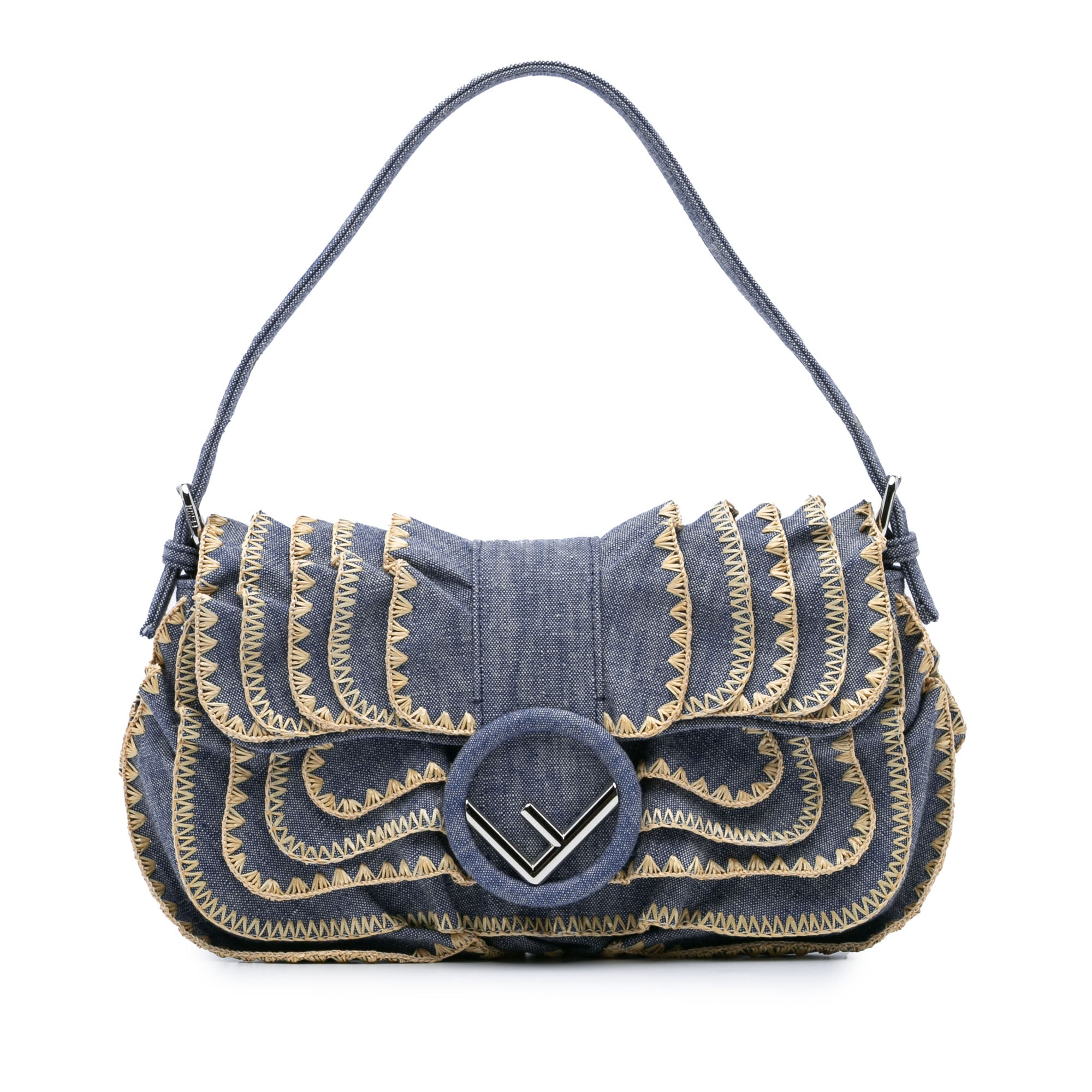 Embroidered Denim Ruffled F is Fendi Kan I Baguette