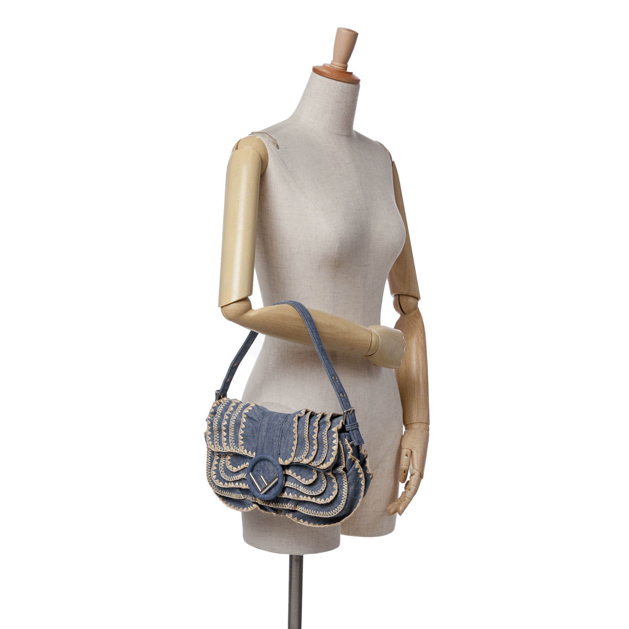 Embroidered Denim Ruffled F is Fendi Kan I Baguette