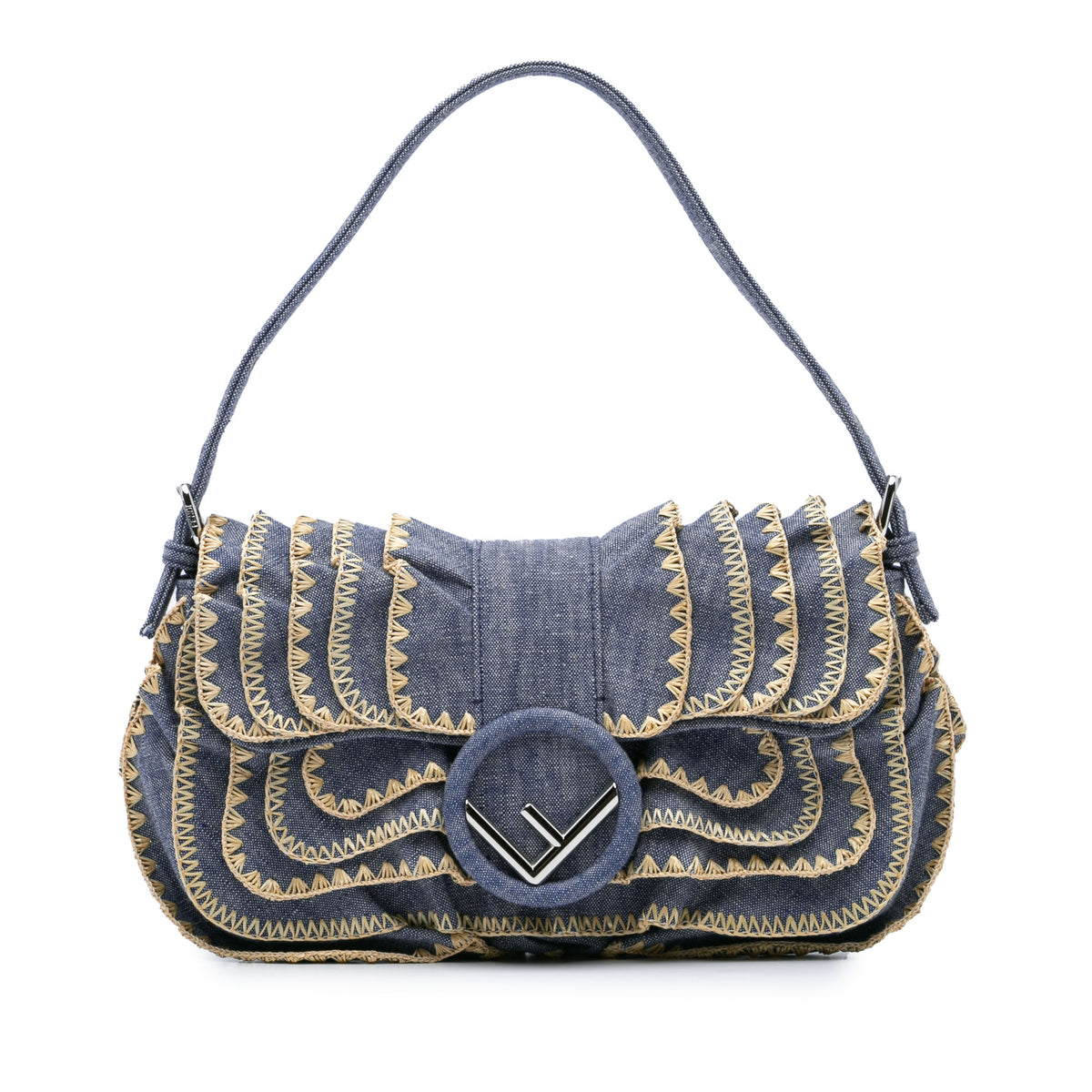 Embroidered Denim Ruffled F is Fendi Kan I Baguette