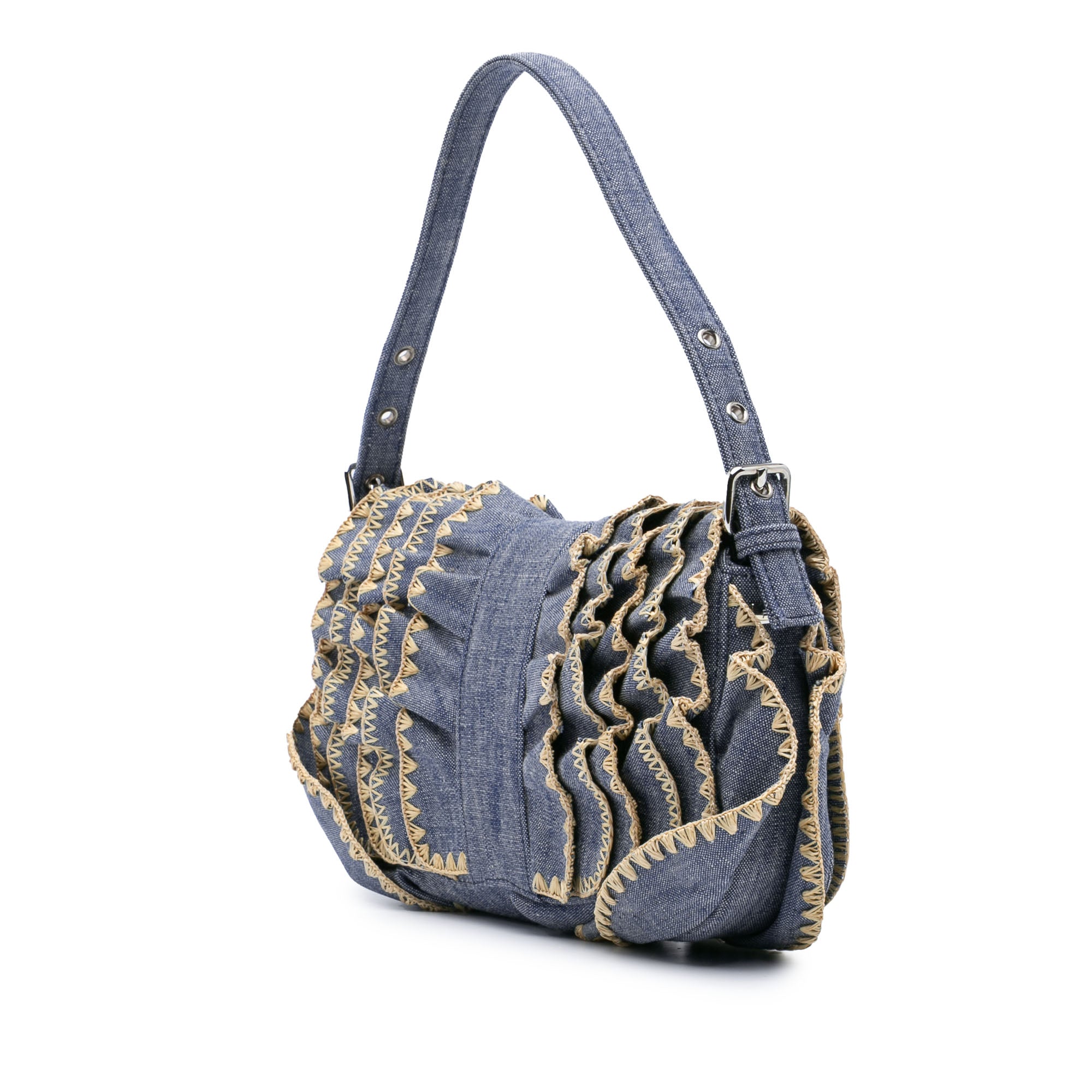 Embroidered Denim Ruffled F is Fendi Kan I Baguette