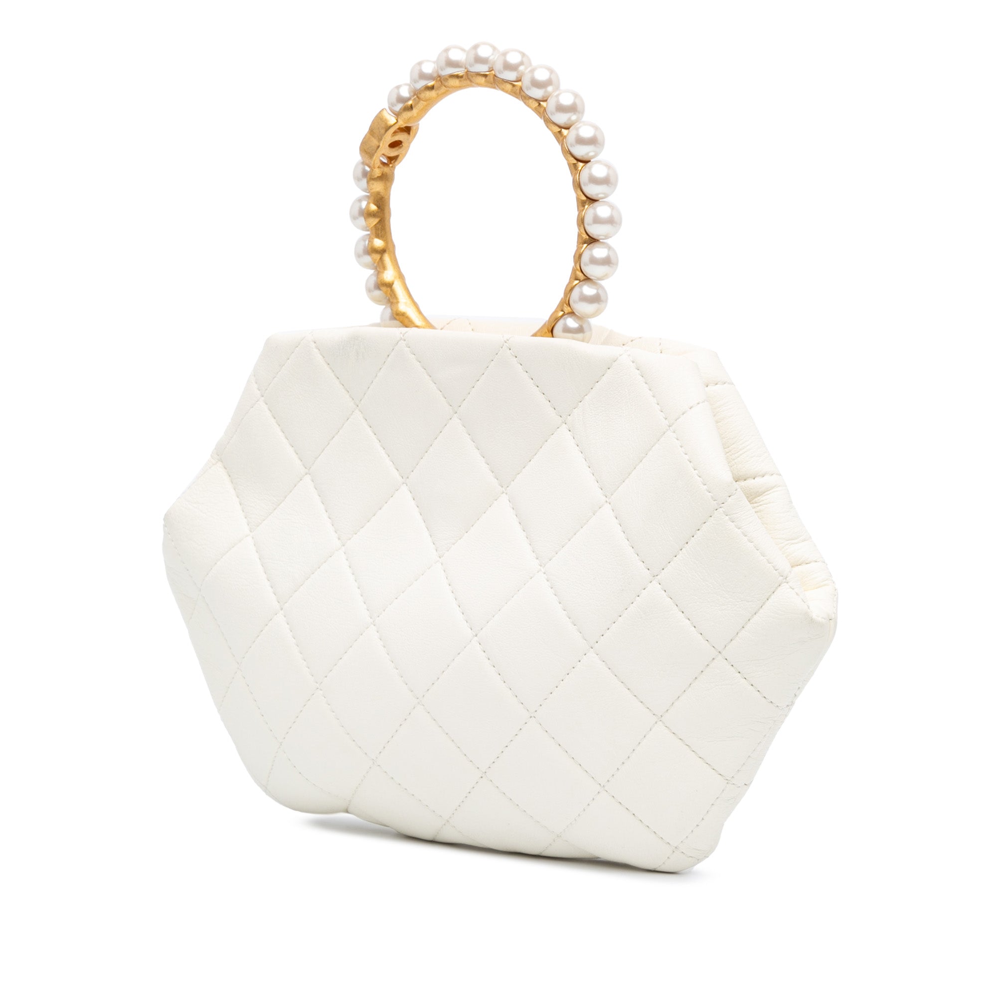 Quilted Lambskin Pearl Crown Handle Clutch Bag