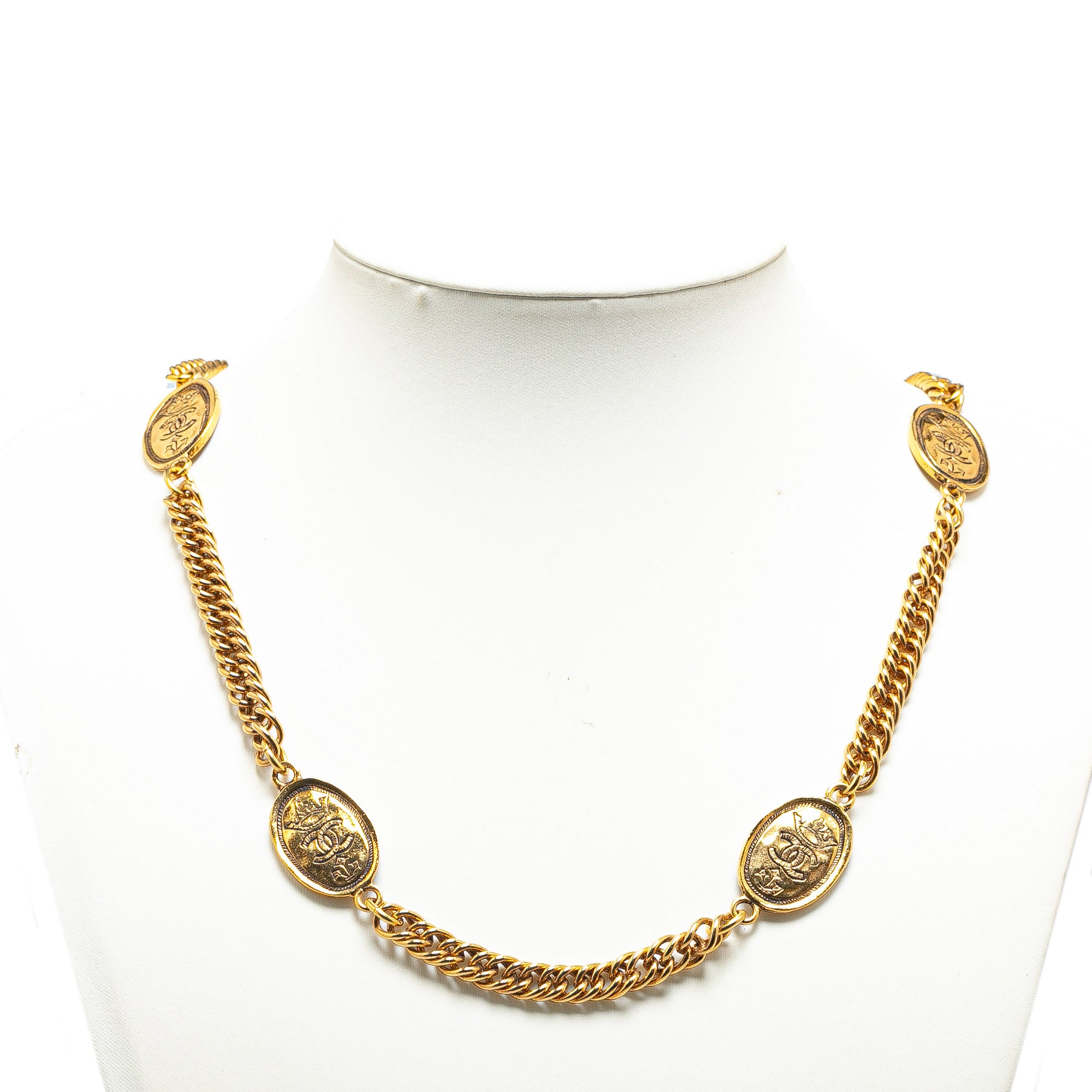 Gold Plated Crown and CC Medallion Station Necklace