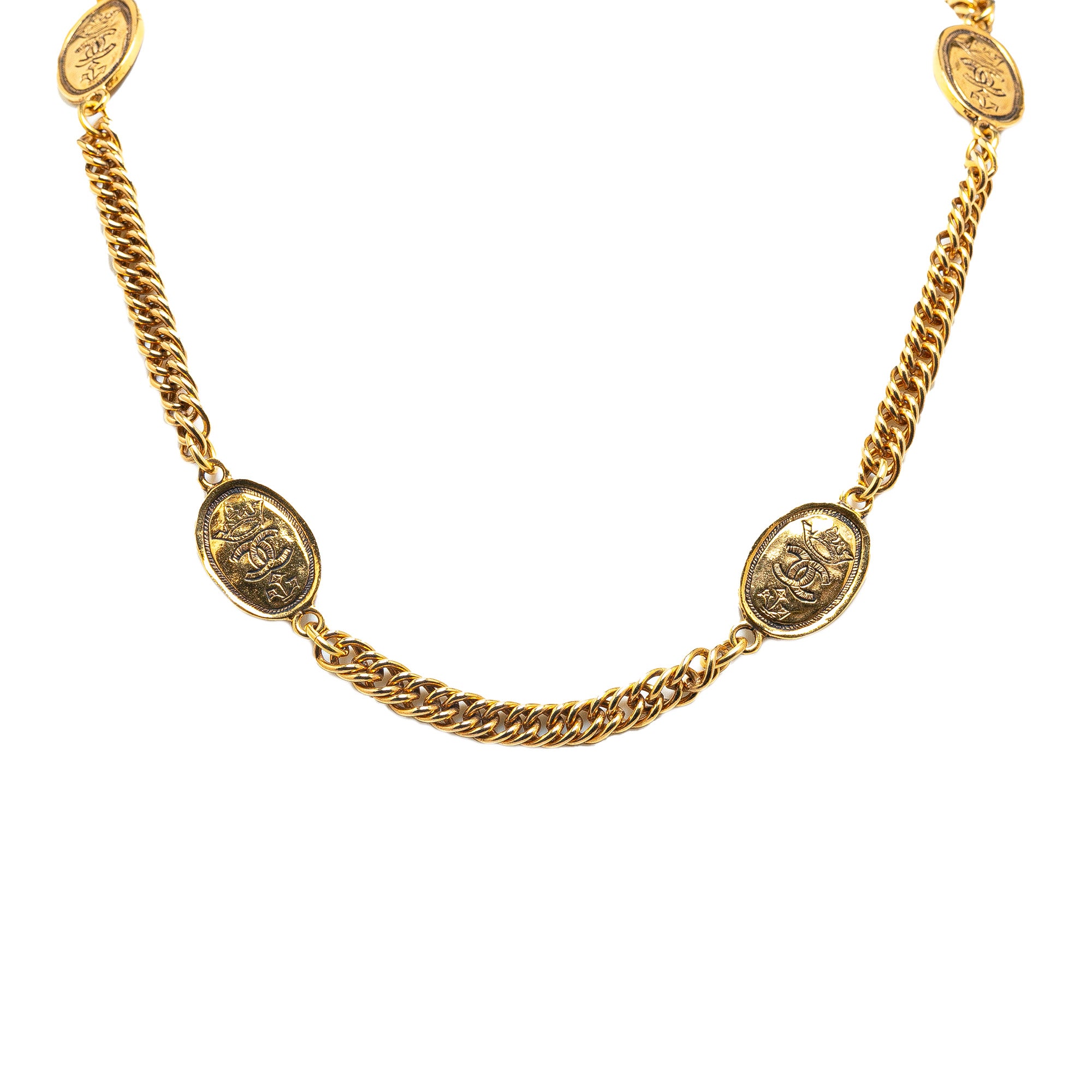 Gold Plated Crown and CC Medallion Station Necklace