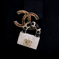 Gold Plated Enamel CC Quilted Flap Brooch