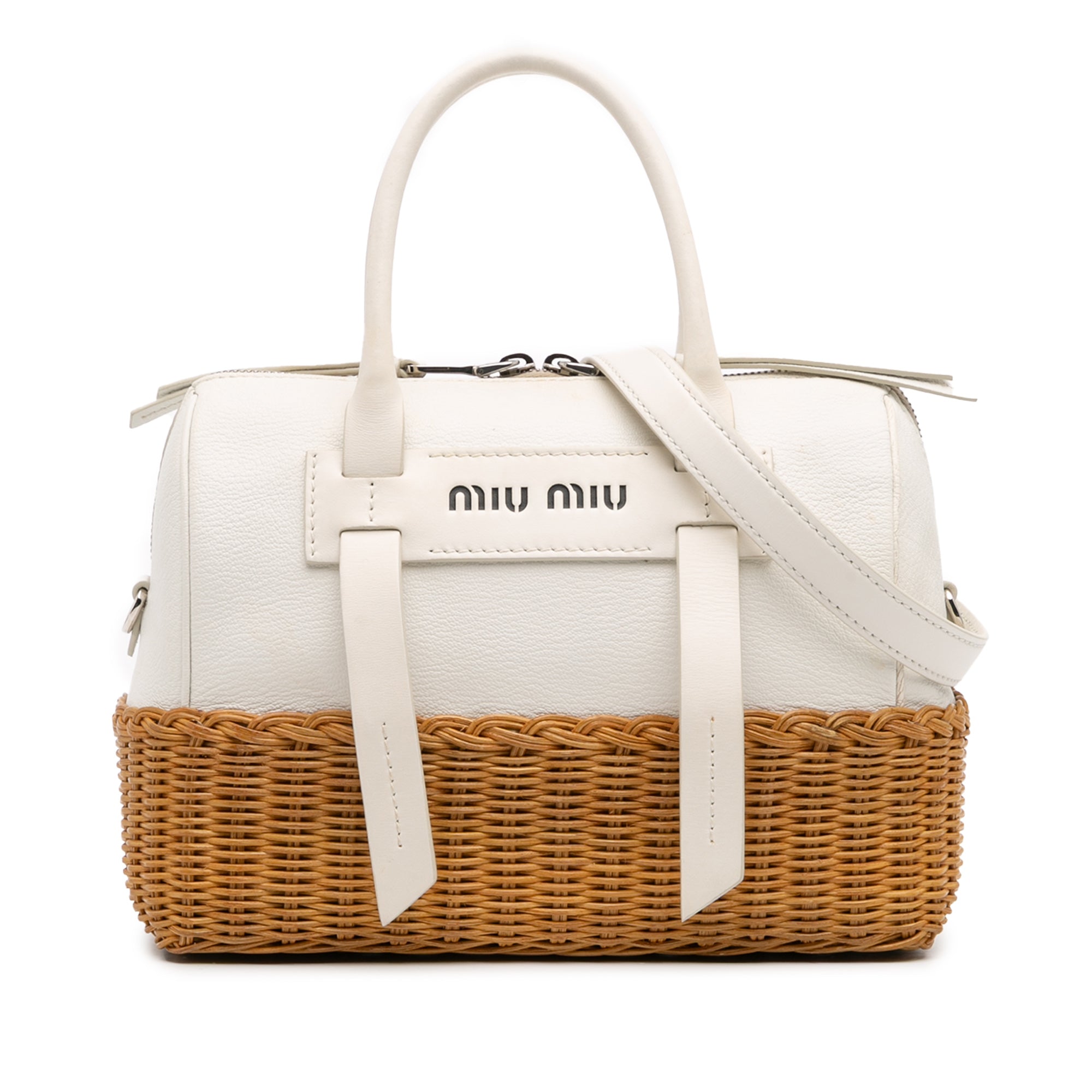 Wicker Trimmed Leather Top Handle Bag