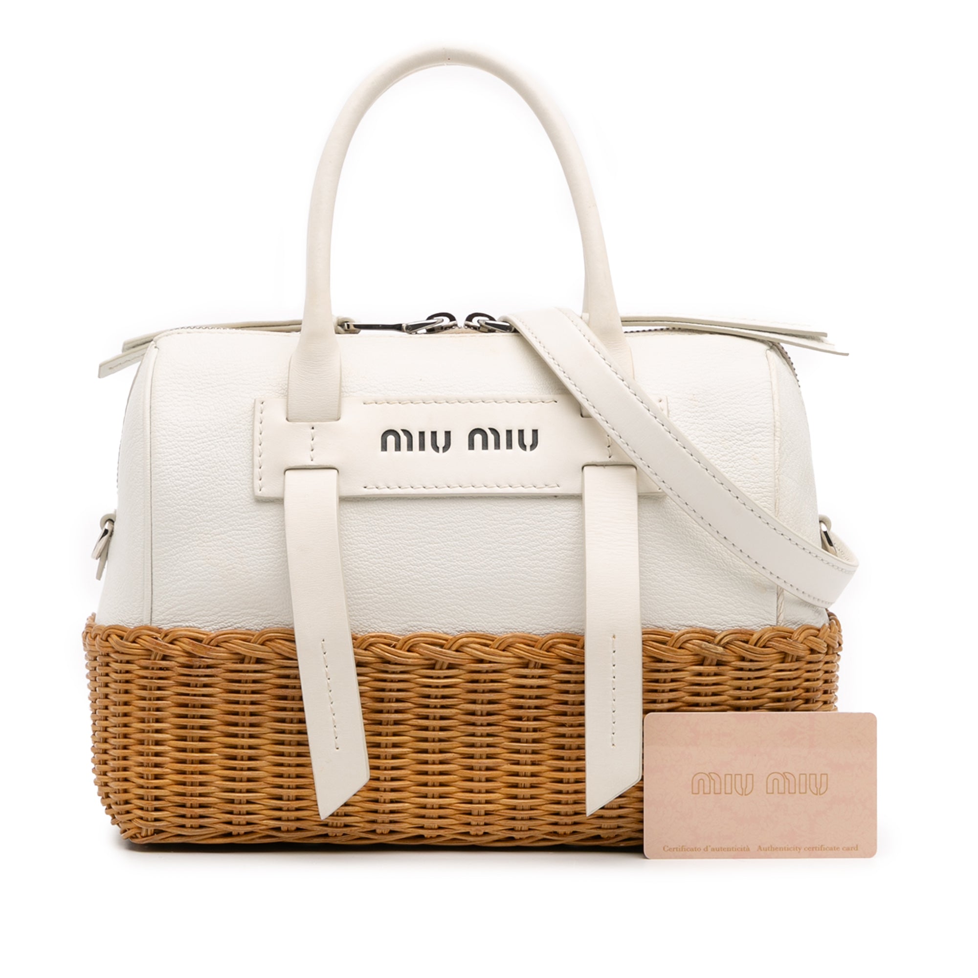 Wicker Trimmed Leather Top Handle Bag