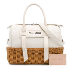 Wicker Trimmed Leather Top Handle Bag