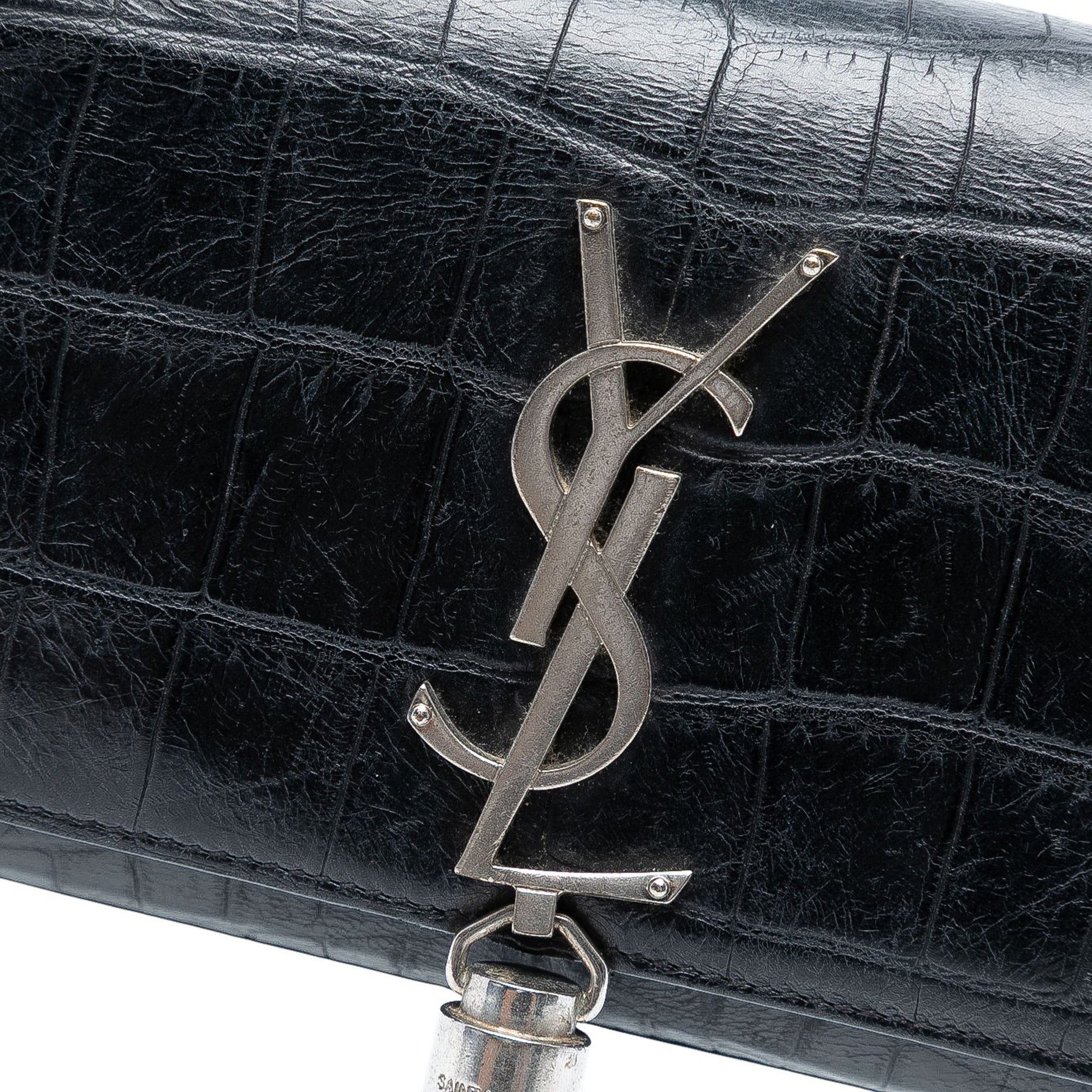 Small Croc Embossed Leather Monogram Kate Tassel Crossbody