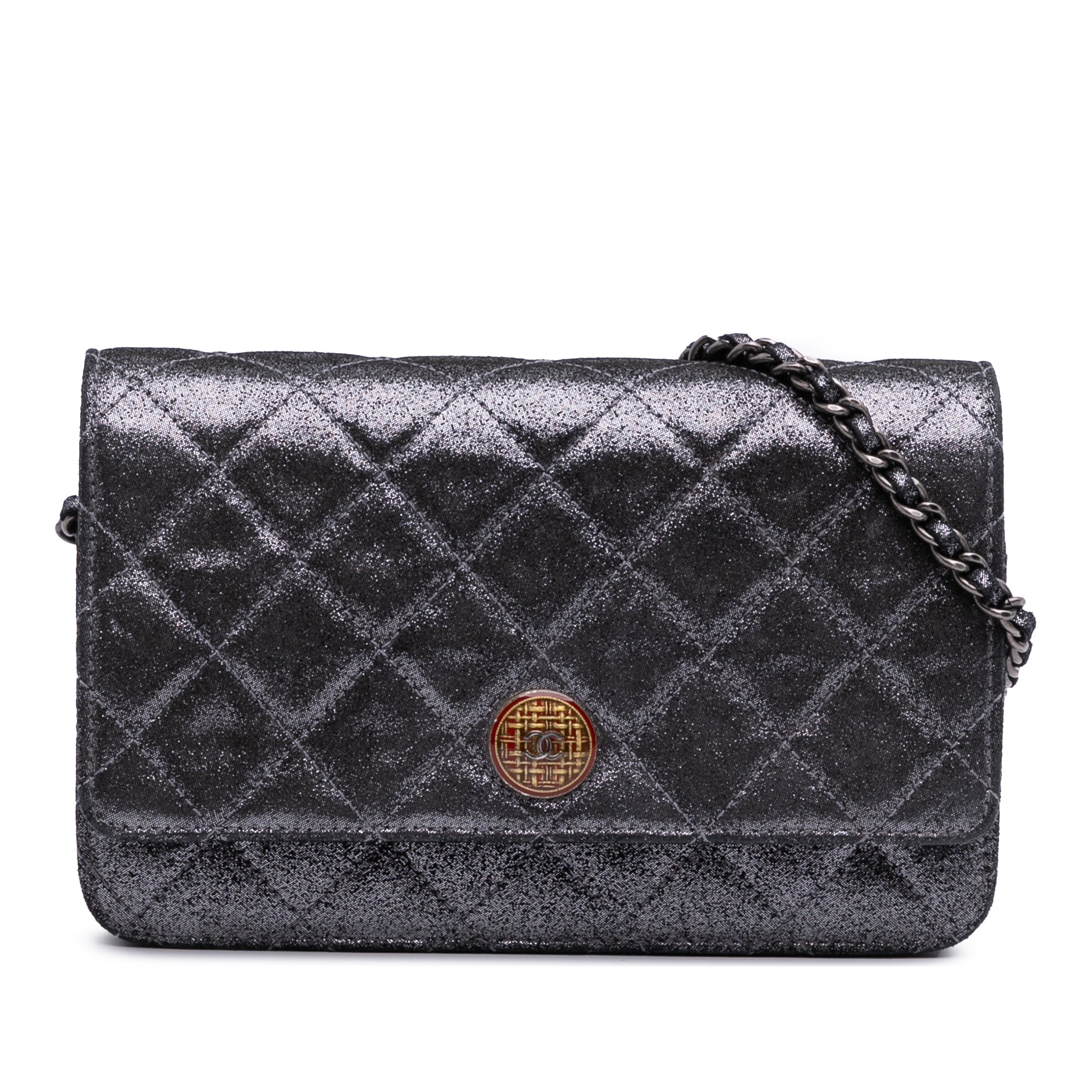 Quilted Iridescent Lambskin Tartan Button Wallet On Chain