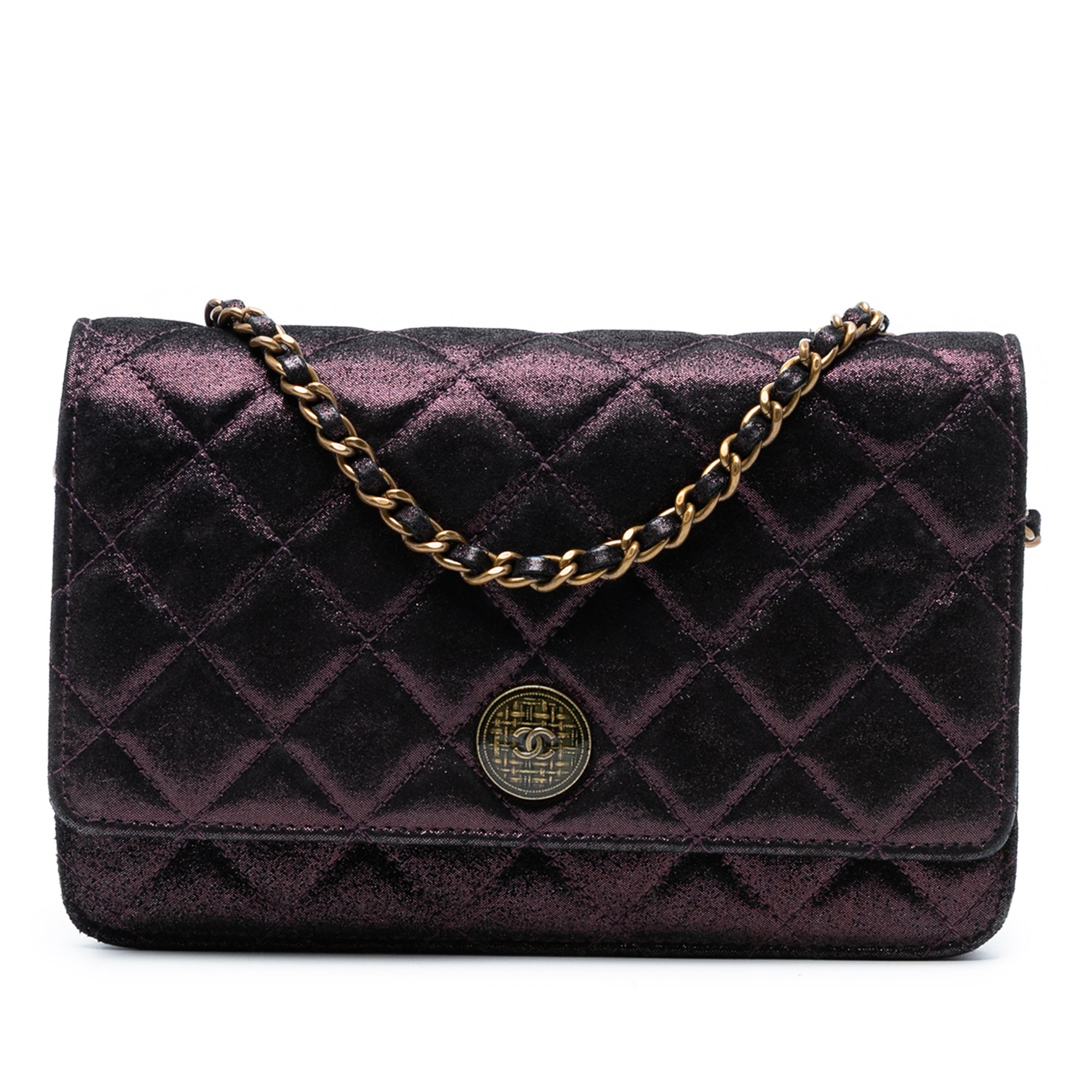 Quilted Iridescent Lambskin Tartan Button Wallet On Chain