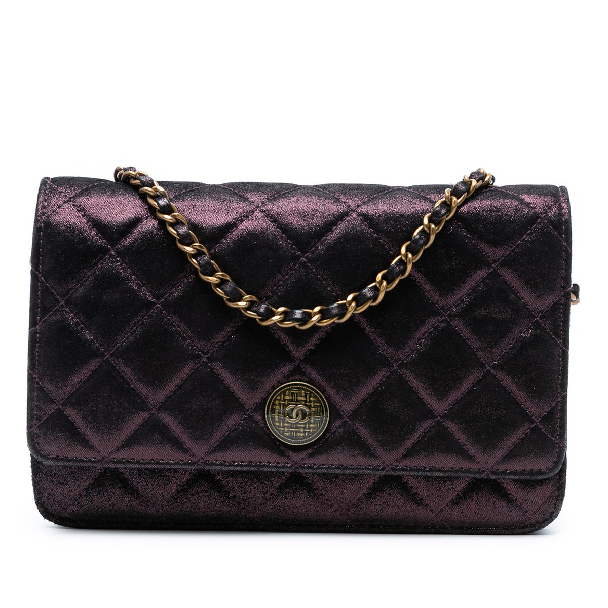 Quilted Iridescent Lambskin Tartan Button Wallet On Chain