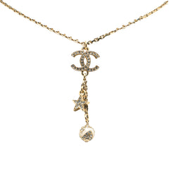 Gold Plated CC Rhinestones Star and Ball Pendant Necklace