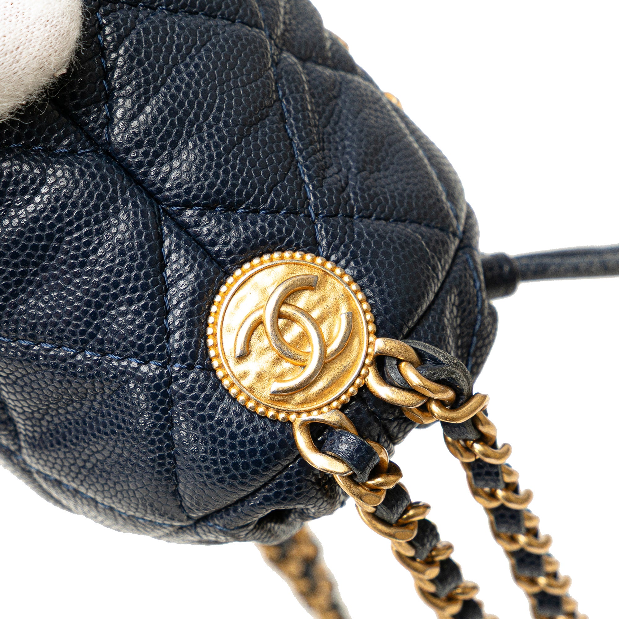 Mini Quilted Caviar Medallion Charms Drawstring Bucket Bag