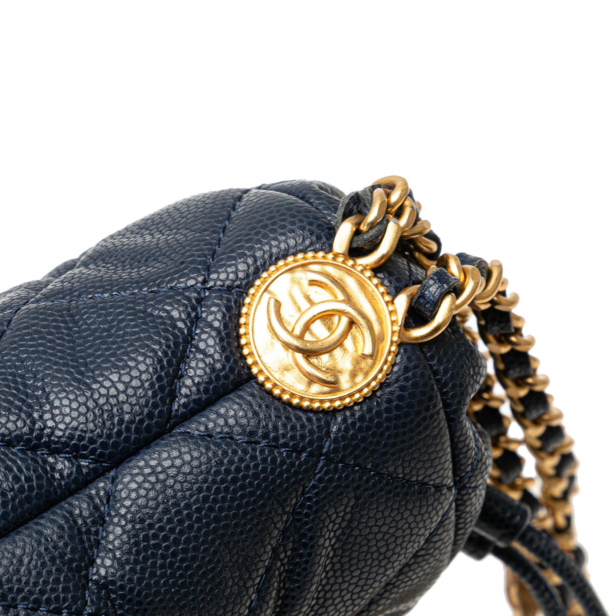 Mini Quilted Caviar Medallion Charms Drawstring Bucket Bag
