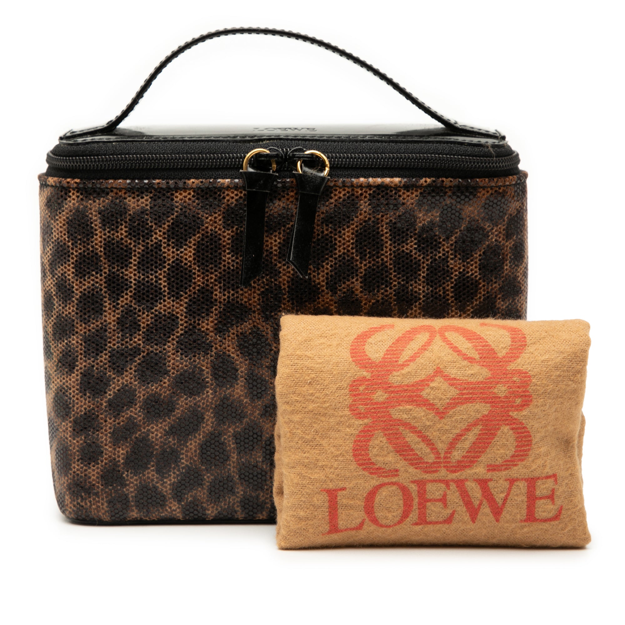 Perforated Leather Leopard Print Vanity Bag