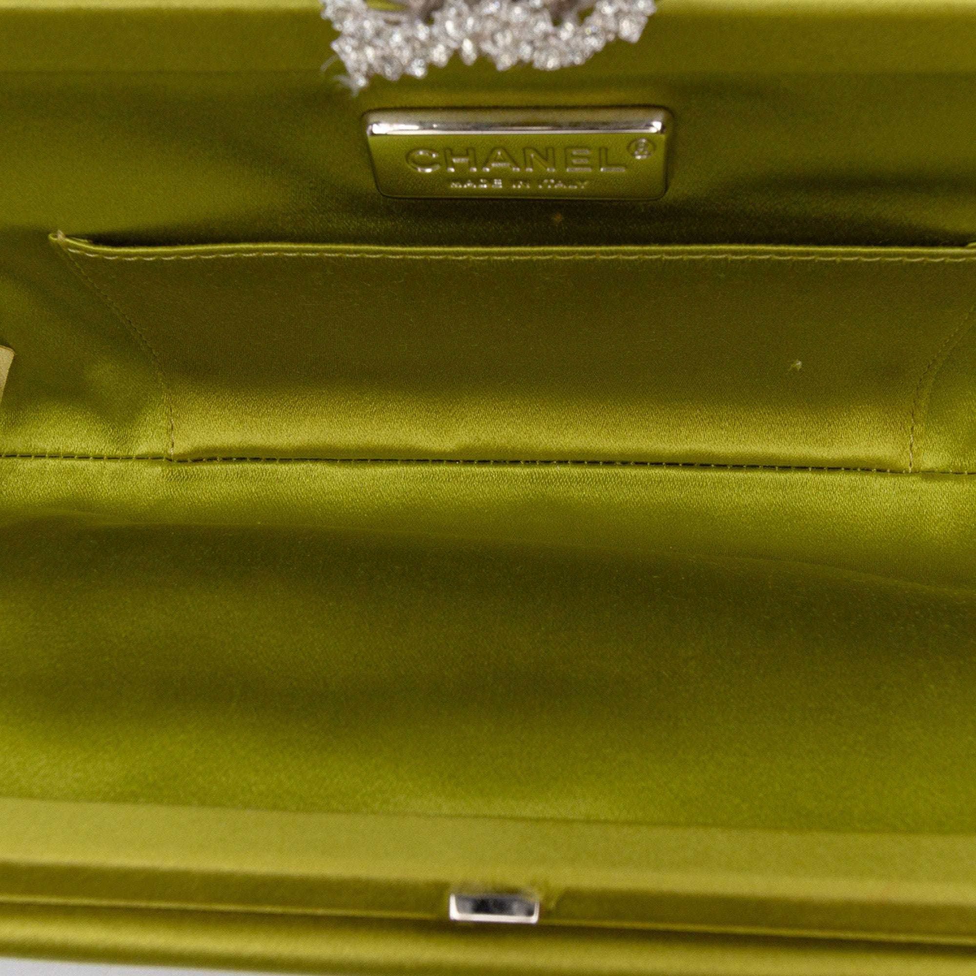 Satin Crystal Camellia Evening Frame Clutch
