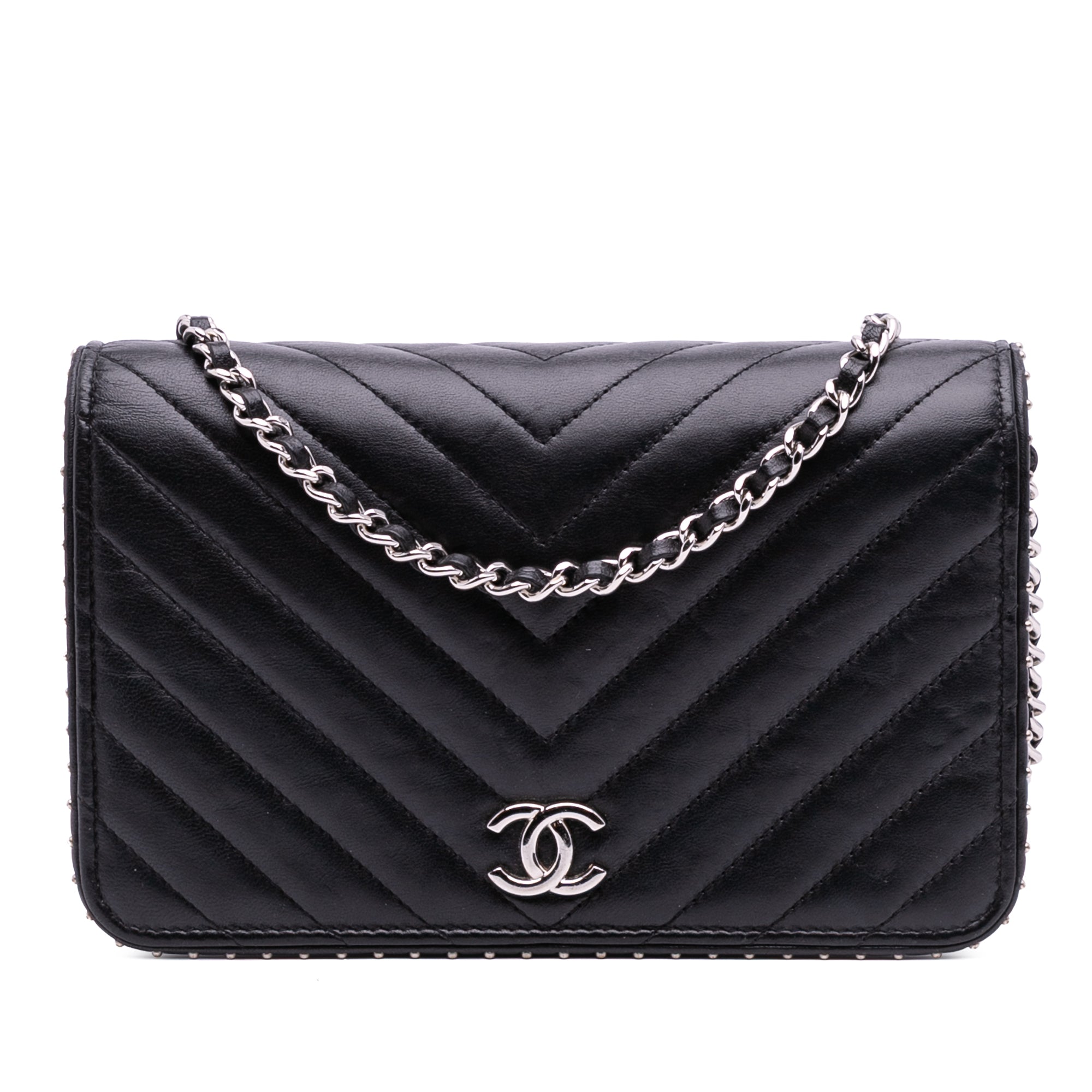 Chevron Lambskin Studded Wallet On Chain