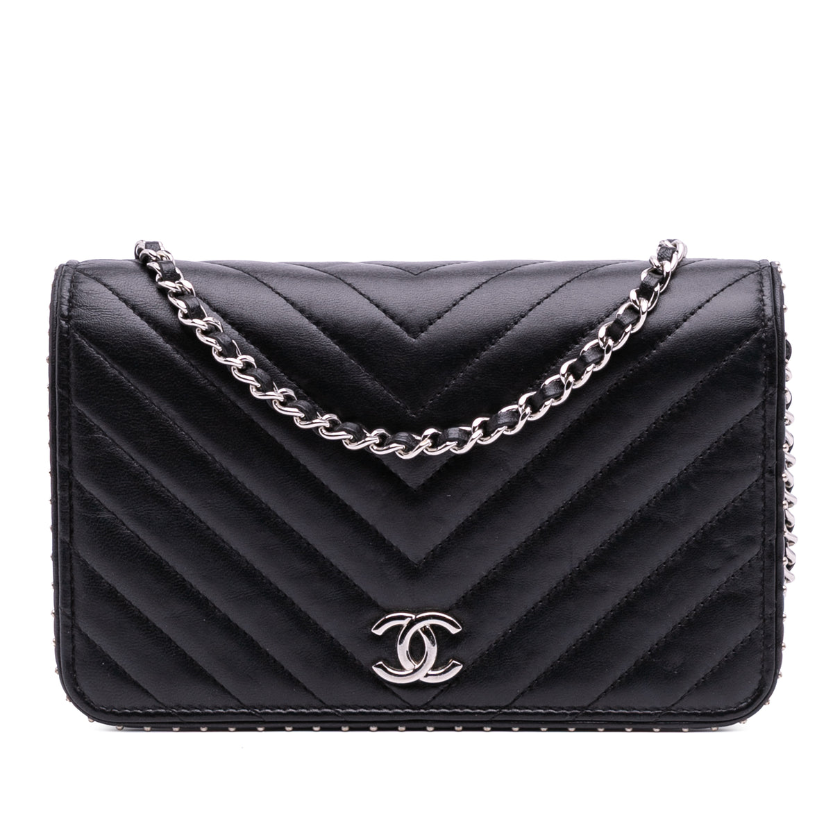 Chevron Lambskin Studded Wallet On Chain