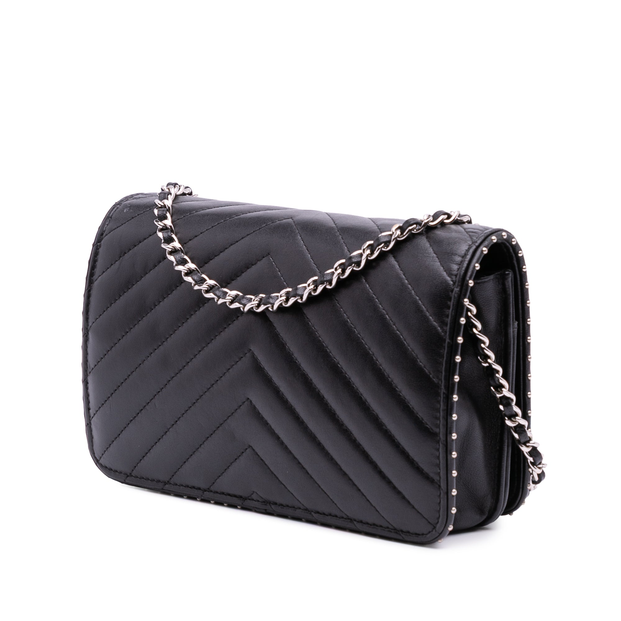 Chevron Lambskin Studded Wallet On Chain
