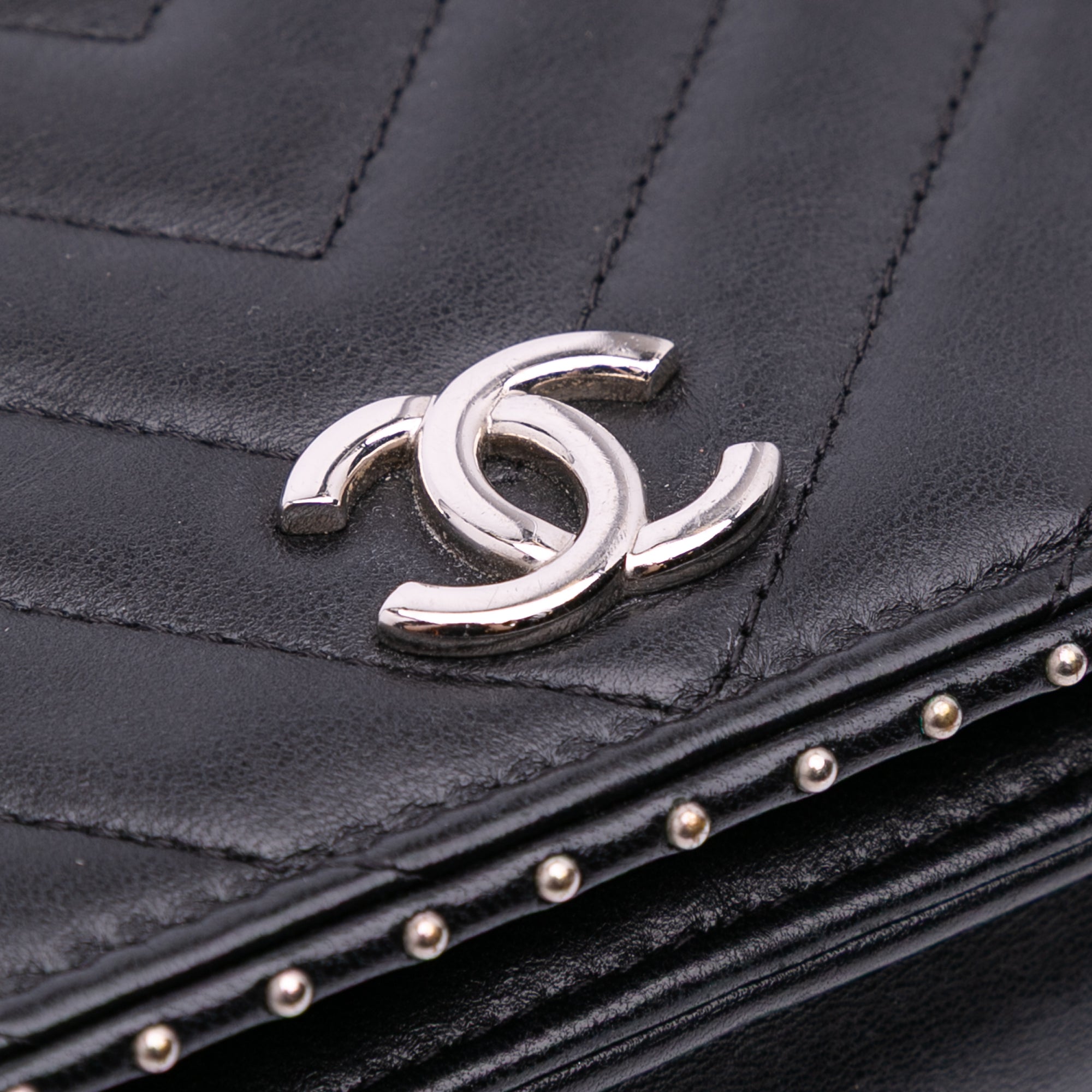 Chevron Lambskin Studded Wallet On Chain