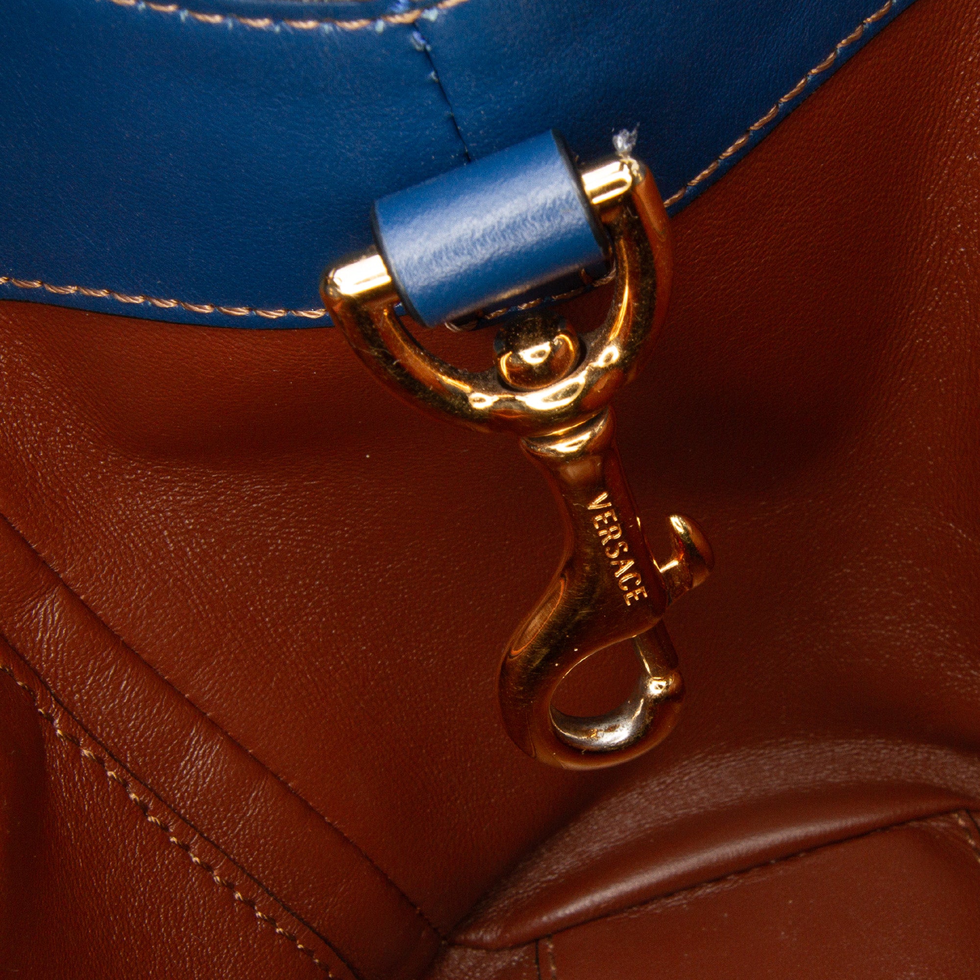 Small Denim La Medusa Chain Top Handle Bag