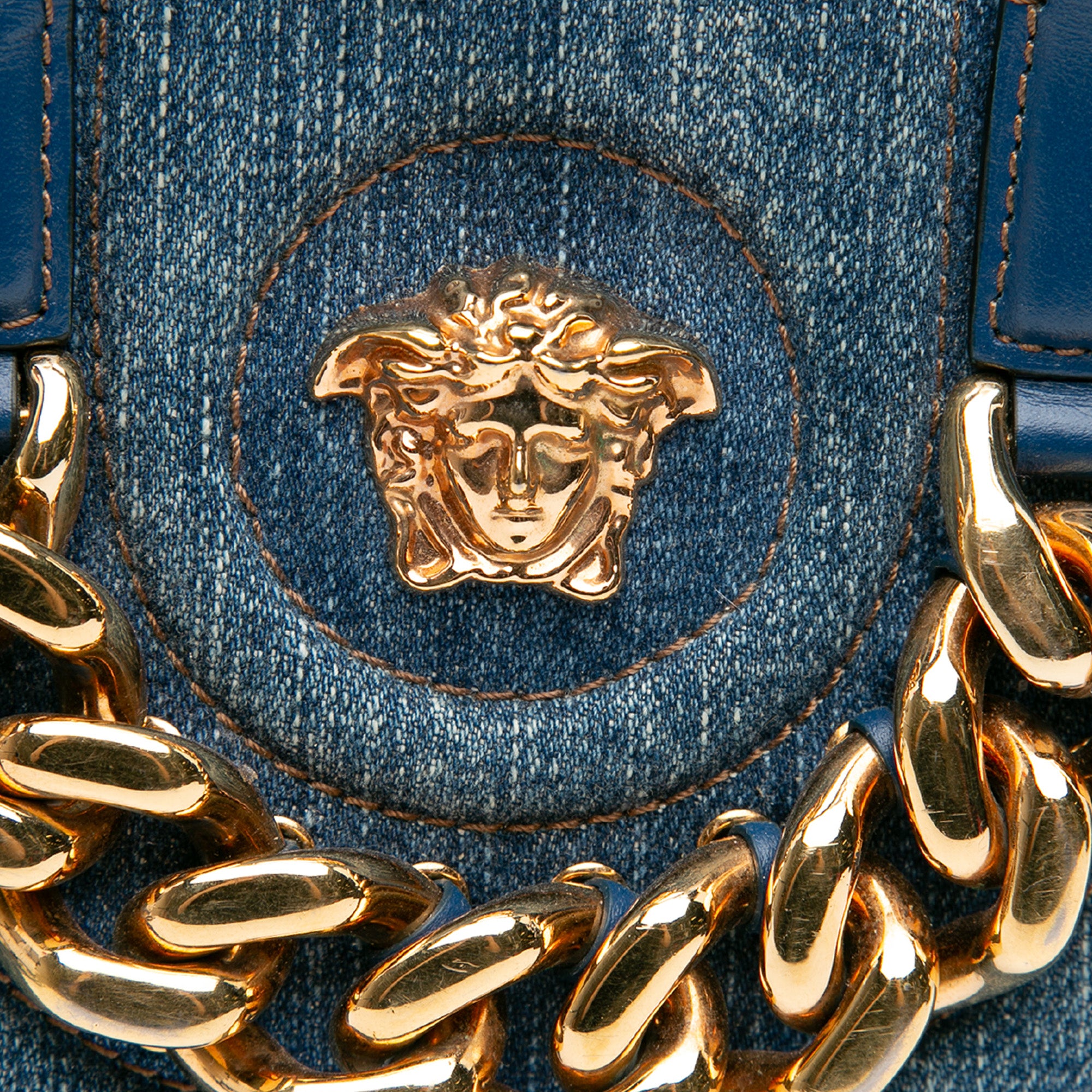 Small Denim La Medusa Chain Top Handle Bag