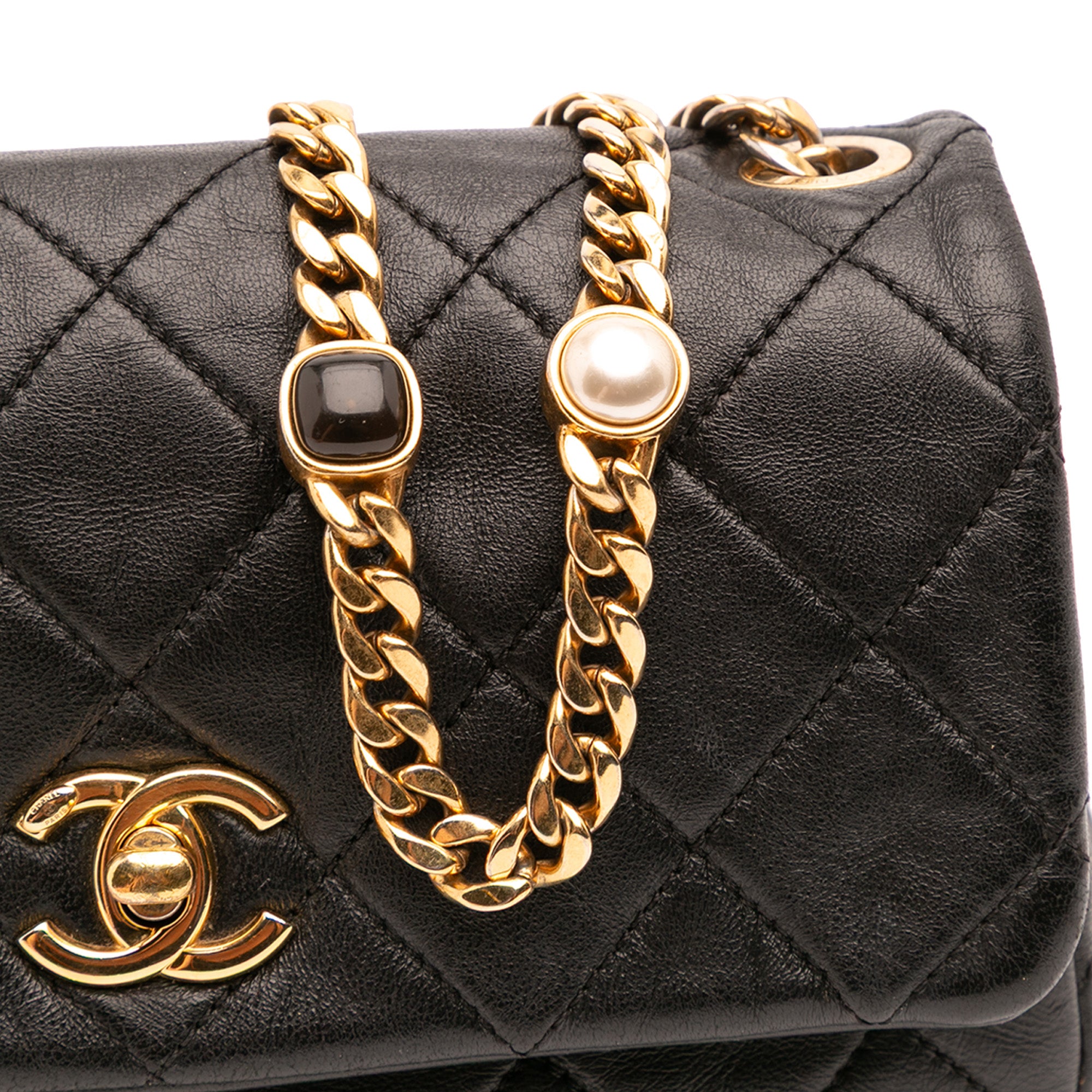 Small Quilted Lambskin Resin Pearl Chain Flap
