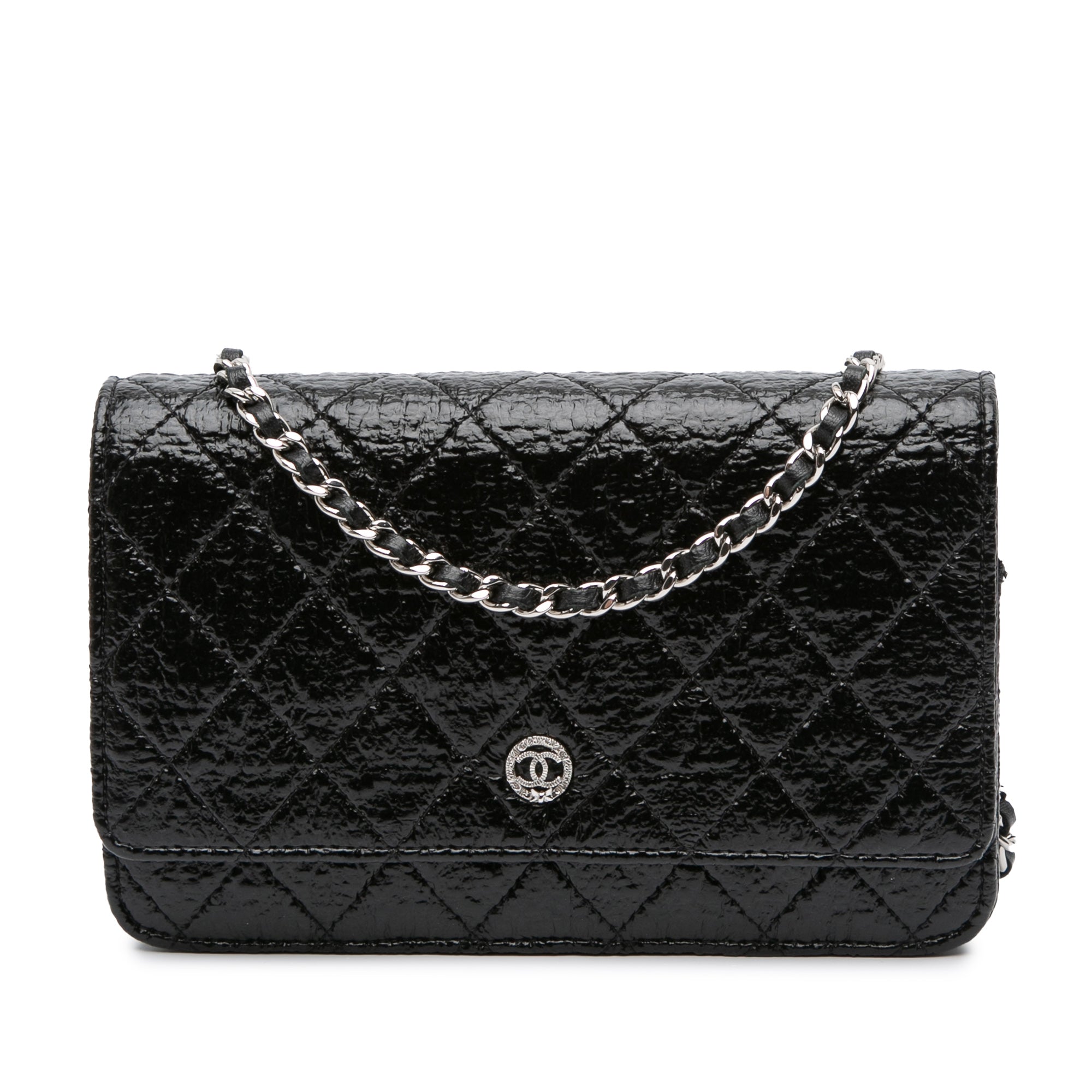 CC Quilted Crinkled Patent Wallet On Chain