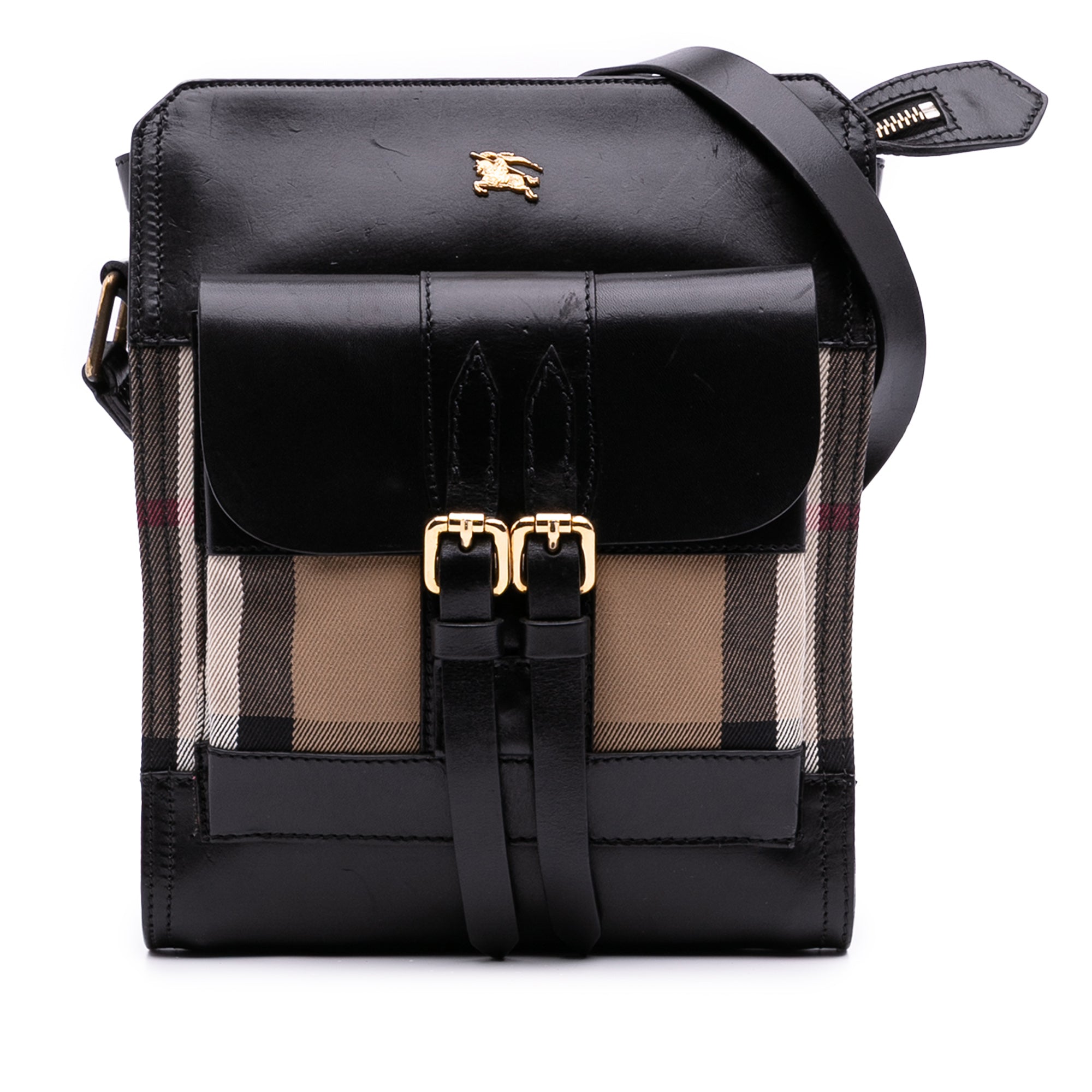 Leather and House Check Canvas Crossbody