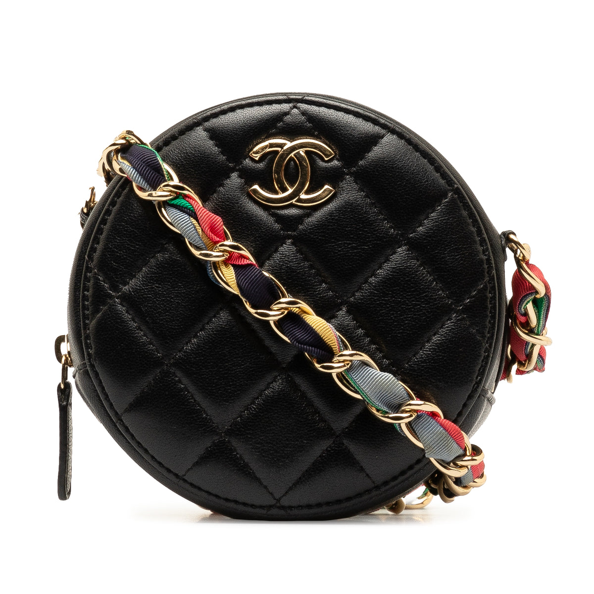 CC Quilted Lambskin Ribbon Round Clutch With Chain