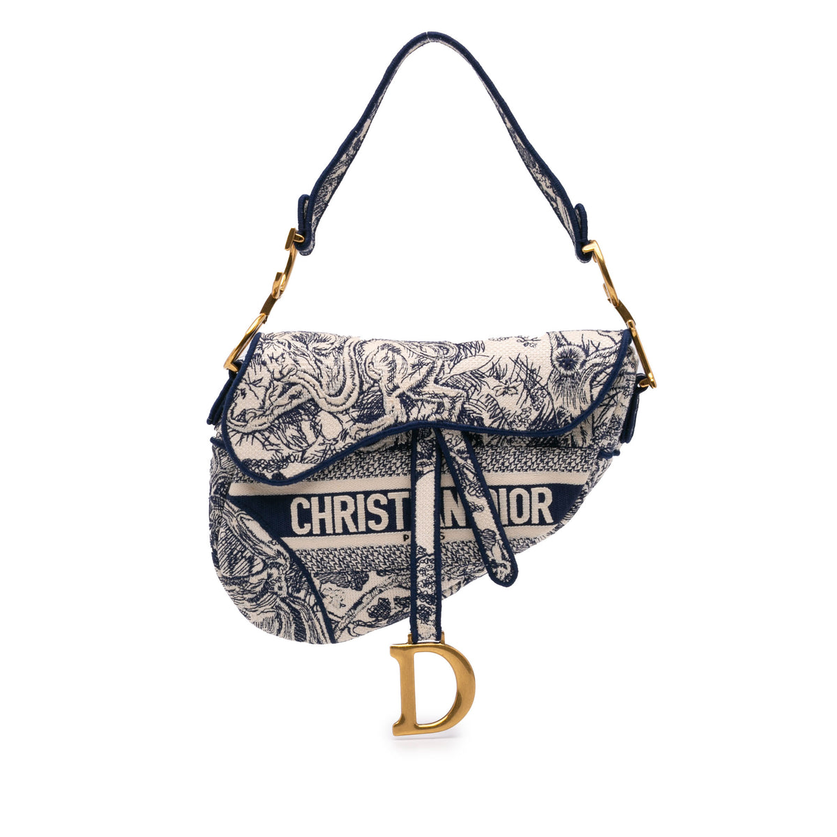 Canvas Embroidered Toile de Jouy Saddle Bag