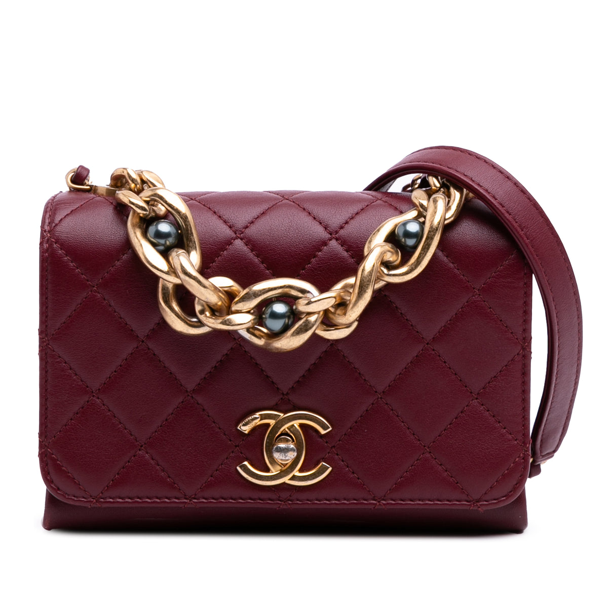 Quilted Calfskin Pearl Jewel Chain Flap