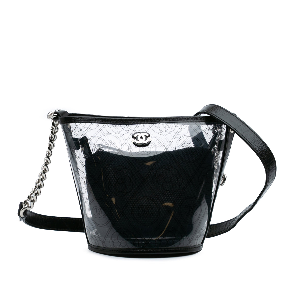 Small PVC and Crumpled Calfskin Camellia Coco Bucket Bag