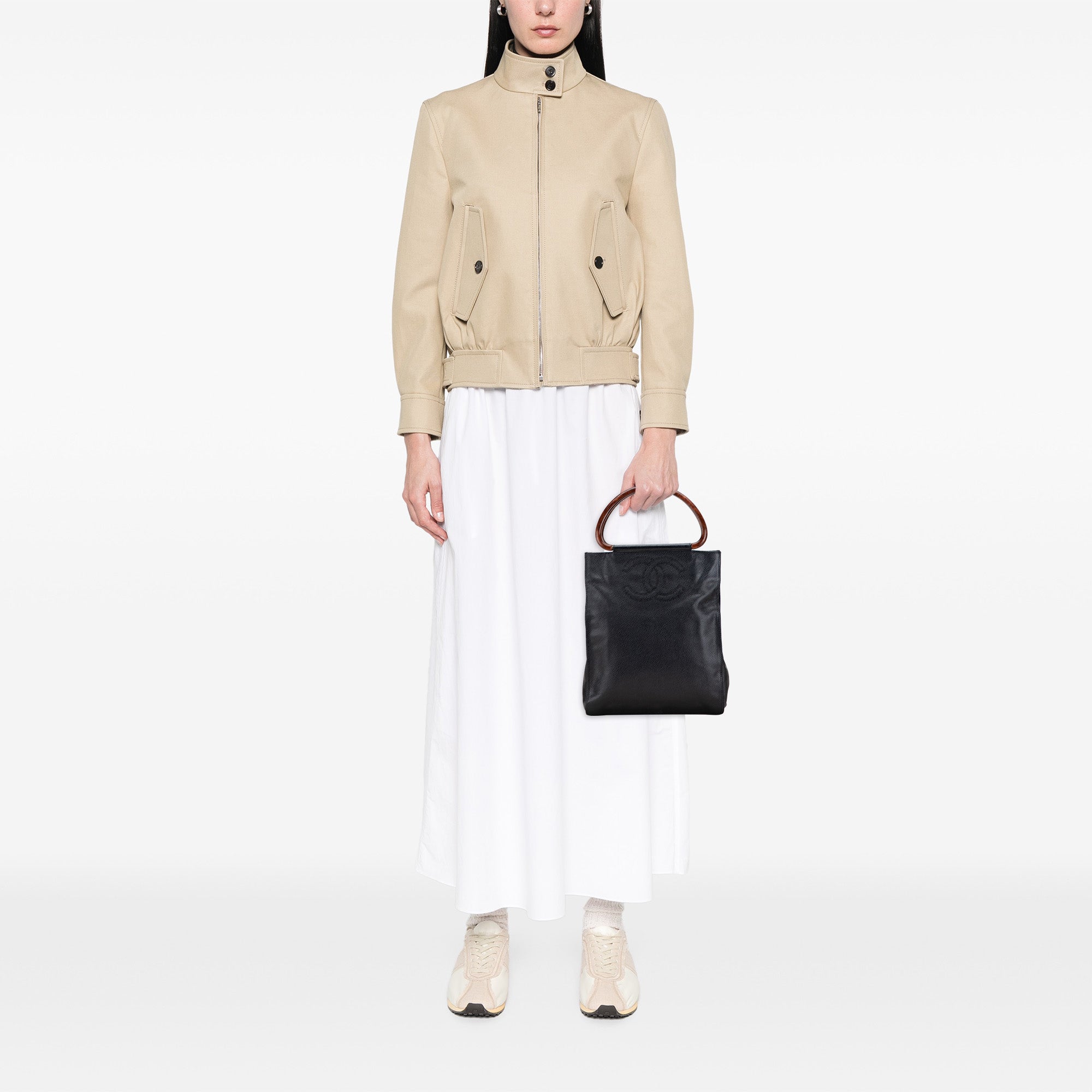 CC Caviar Wood Top Handle Tote