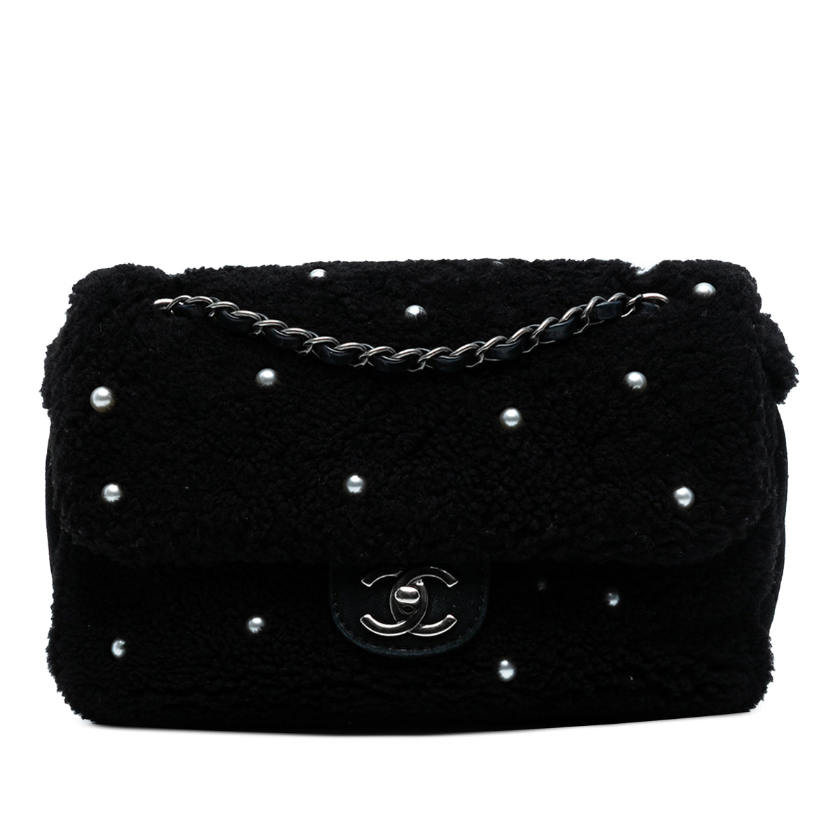 Medium Shearling Pearl Studded Flap