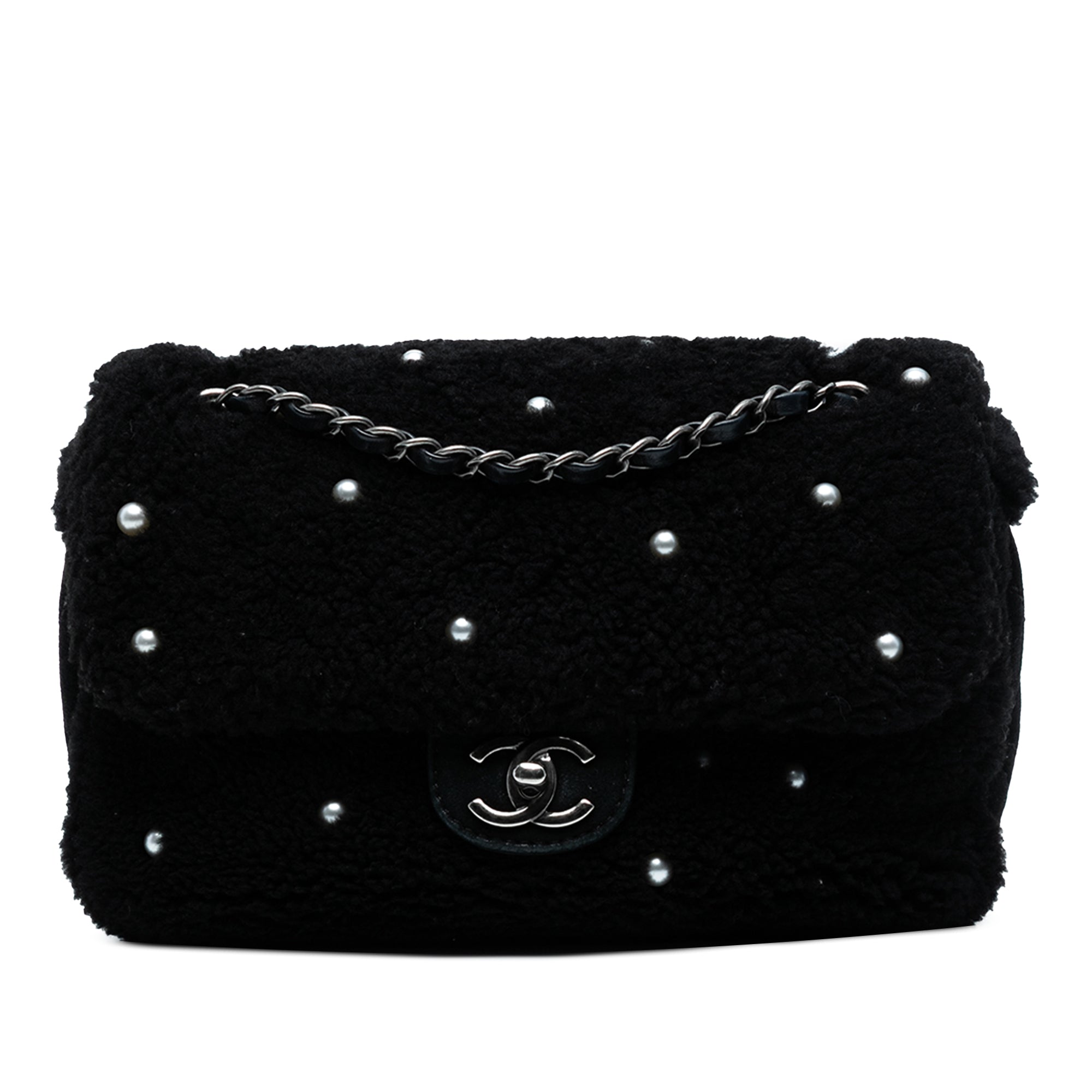 Medium Shearling Pearl Studded Flap
