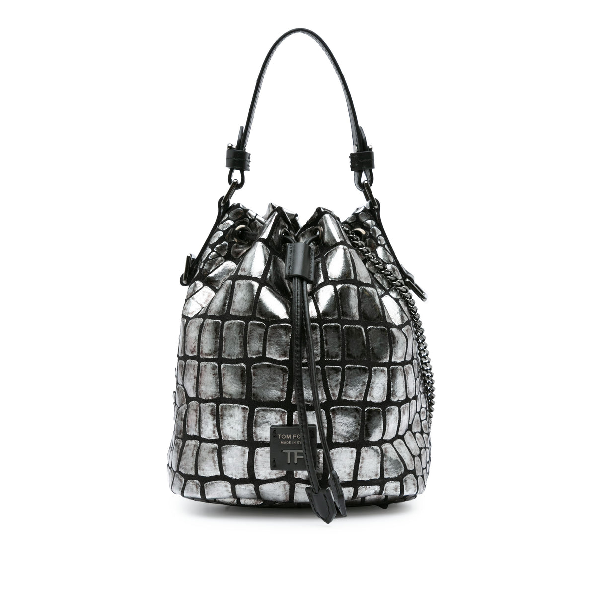 Metallic Croc Embossed Leather Drawstring Bucket Bag