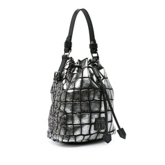 Metallic Croc Embossed Leather Drawstring Bucket Bag