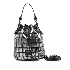 Metallic Croc Embossed Leather Drawstring Bucket Bag