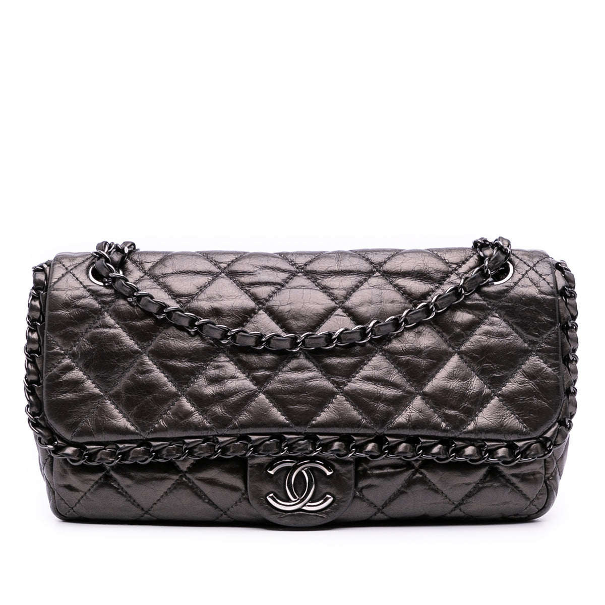 Medium Quilted Metallic Aged Calfskin Chain Me Flap